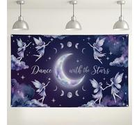 Fondo de pared de baile con estrellas, fondo decorativo de fotografía de luna de hadas, tema de horizonte nocturno violeta para fiestas y eventos, 71 x 43 pulgadas