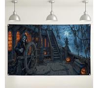 Fondo de pared de barco embrujado, decoraciones temáticas de piratas espeluznantes para fiestas de Halloween, fondo de fotografía de escena del océano oscuro para eventos, 71 x 43 pulgadas