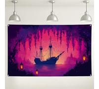 Fondo de pared de barco pirata, decoración de escena náutica de fantasía mística, fondo colorido bohemio para fiestas, festivales y eventos, 71 x 43 pulgadas