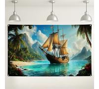 Fondo de pared de barco pirata tropical, decoraciones coloridas de aventuras náuticas, fondo de fotografía de escena de playa de verano para fiestas y eventos, 71 x 43 pulgadas