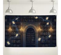 Fondo de pared de biblioteca mágica, decoración vintage de librería encantada, fondo de fotografía mística azul oscuro para fiestas y eventos, 71 x 43 pulgadas
