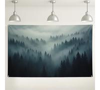 Fondo de pared de bosque brumoso, fondo de fotografía de naturaleza verde oscuro, decoración de fiesta para interiores y exteriores, para eventos, tema de otoño e invierno, 71 x 43 pulgadas