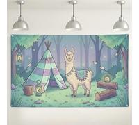 Fondo de pared de bosque de llama, bonita decoración bohemia de tienda de campaña, fondo de fiesta verde pastel para fotografía, temática de campamento, suministros para interiores y exteriores, 71 x