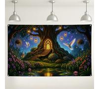Fondo de pared de bosque encantado, árbol mágico y flores, decoración de fiesta, horizonte nocturno, colorido fondo de fotografía para interiores y exteriores, para eventos y celebraciones, 71 x 43