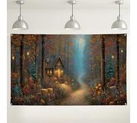 Fondo de pared de cabaña de bosque encantado, fondo decorativo de escena de naturaleza otoñal para fotografía, fiesta de otoño al aire libre y suministros de festival de cosecha, 71 x 43 pulgadas