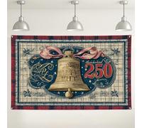 Fondo de pared de campana vintage, pancarta decorativa rústica a cuadros, fondo de fotografía rojo y azul festivo para celebraciones de vacaciones, 180 x 109 cm