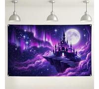 Fondo de pared de castillo de fantasía, fondo decorativo de horizonte nocturno etéreo para fotografía, tema mágico violeta y negro para fiestas y eventos, 71 x 43 pulgadas