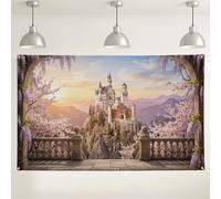 Fondo de pared de castillo de fantasía, paisaje floral, decoración romántica de fiesta, fondo de fotografía de color violeta melocotón para interiores y exteriores, para bodas, eventos, suministros de