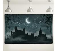 Fondo de pared de castillo místico, decoraciones de horizonte nocturno de fantasía oscura, fondo de fotografía iluminado por la luna para eventos, suministros de cabina de fiesta de Halloween, 71 x 43
