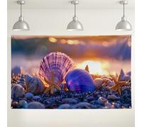 Fondo de pared de conchas de playa, decoración costera del océano para fiestas, fondo de fotografía náutica colorido para eventos de verano y temas de playa, 71 x 43 pulgadas