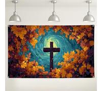 Fondo de pared de cruz rústica, hojas de otoño, arte de pared de naturaleza para decoraciones de iglesia, fondo de fotografía de otoño acogedor para celebraciones de Acción de Gracias, 71 x 43