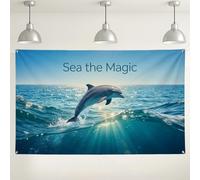 Fondo de pared de delfín oceánico, decoración de fotografía escénica de vida marina, fondo de agua azul para eventos de fiesta en la playa, 71 x 43 pulgadas