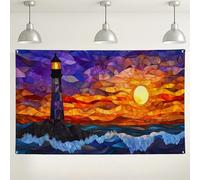 Fondo de pared de faro, puesta de sol, fondo de fotografía de escena costera de vidrieras, decoraciones de fiesta de olas del océano para eventos en interiores y exteriores, suministros de cabina de