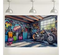 Fondo de pared de garaje con graffitis, colorido fondo de fotografía de taller de motocicleta, decoración de estudio de arte para eventos, uso en interiores y exteriores, ideal para decoraciones de