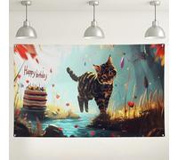 Fondo de pared de gato de feliz cumpleaños, decoración de fiesta de ilustración de animales, fondo colorido de fotografía de escena de la naturaleza, suministros de celebración de temporada de otoño