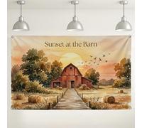 Fondo de pared de granero de puesta de sol, fondo decorativo de paisaje rústico, escena natural naranja cálido para eventos en interiores y exteriores, suministros de fiesta de cosecha de otoño, 71 x
