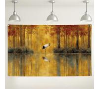 Fondo de pared de grúa otoñal, elegante fondo de fotografía de escena natural, decoración de reflejo del bosque dorado para celebraciones en interiores y exteriores, arte de temporada de otoño, 71 x
