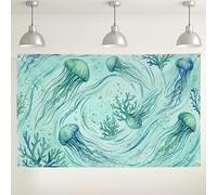 Fondo de pared de medusas oceánicas, acuarela, decoración de fiesta de vida marina, tema de playa azul y verde, fondo fotográfico para interiores y exteriores para eventos de verano, 71 x 43 pulgadas