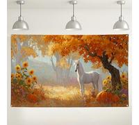 Fondo de pared de otoño de caballo mágico, decoración de escena de bosque de calabaza de girasol, fondo de fotografía de otoño para fiestas, Halloween y eventos de Acción de Gracias, 71 x 43 pulgadas