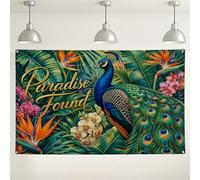 Fondo de pared de pavo real tropical, decoración de patrón floral exótico, fondo de fotografía verde y azul para fiestas, eventos de verano y celebraciones, 71 x 43 pulgadas