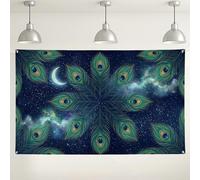 Fondo de pared de plumas de pavo real, elegante fondo decorativo de estilo bohemio, accesorio de fotografía de horizonte nocturno azul oscuro para fiestas y eventos, 71 x 43 pulgadas