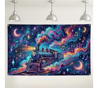 Fondo de pared de tren colorido, decoraciones de fiesta temática de música retro, fondo vibrante de horizonte estrellado para eventos de fotografía, adecuado para festivales y celebraciones, 71 x 43