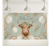Fondo de pared de vaca sagrada, diseño floral rústico de bolas de aire, fondo de fotos, decoración de fiesta verde vintage para interiores y exteriores, para celebraciones, 71 x 43 pulgadas