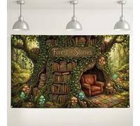 Fondo de pared del bosque de las historias, arte de la naturaleza elegante para decoración acogedora, fondo de fotografía encantado verde marrón para eventos y fiestas, 71 x 43 pulgadas