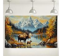 Fondo de pared escénico familiar de alces, arte de paisaje de naturaleza otoñal, fondo de fotografía para eventos al aire libre, decoración de otoño y vacaciones, 71 x 43 pulgadas