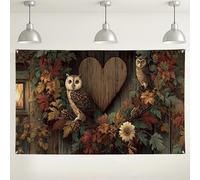 Fondo de pared floral de búho, decoraciones rústicas de fiesta de otoño, fondo de madera vintage para eventos de otoño, suministros de cabina de fotos de Acción de Gracias, 71 x 43 pulgadas