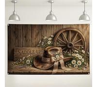 Fondo de pared floral rústico, sombrero de vaquero vintage y decoración de fiesta, temática occidental, fondo de fotografía para interiores y exteriores, para eventos, celebraciones, 71 x 43 pulgadas