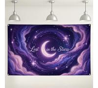 Fondo de pared Lost in the Stars, fondo de fotografía de luna y galaxia de ensueño, decoración cósmica violeta para fiestas y eventos, uso en interiores y exteriores, 71 x 43 pulgadas