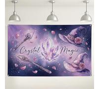 Fondo de pared mágico de cristal, diseño de sombrero de bruja místico y piedras preciosas, decoraciones de fiesta de fantasía violeta, fondo de fotografía para interiores y exteriores para eventos de
