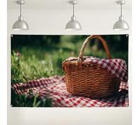 Fondo de pared para cesta de picnic, decoración de fiesta con patrón rústico a cuadros, fondo de fotos vintage al aire libre para reuniones y celebraciones, 71 x 43 pulgadas