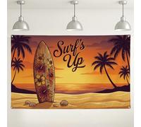 Fondo de pared tropical Surf's Up, decoración floral vintage de playa para fiestas, fondo de fotografía naranja atardecer para eventos de verano, 71 x 43 pulgadas