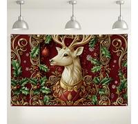 Fondo de pared vintage elegante de ciervo de Navidad, diseño festivo de acebo y copo de nieve para decoraciones de fiestas navideñas, fondo de fotos para interiores y exteriores, 71 x 43 pulgadas