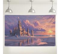Fondo de playa de castillo, atardecer, fondo de fotografía con patrón de fantasía de ensueño, ideal para decoraciones de fiesta de cumpleaños de niños, eventos temáticos de verano, 71 x 43 pulgadas