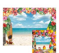 Fondo de playa hawaiana Aloha con flores tropicales y hojas de palmera, cielo azul, nube, decoración para fiesta de cumpleaños, fiesta de bebé, decoración de tartas, mesa de sesión de fotos (2,1 x 1,5