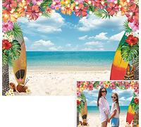 Fondo de Playa Hawaiana Aloha Fondo de Flores Tropicales Hojas de Palma Cielo Azul Nube Tabla de Surf Decoración Fiesta de cumpleaños Baby Shower Pastel Mesa Photo Shoot Prop (8x6pies)