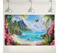 Fondo de playa tropical, decoraciones coloridas de fiesta de paraíso floral, fondo de escena del océano de verano para eventos de fotografía, suministros de cabina de fotos temática de vacaciones, 71