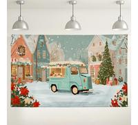 Fondo de pueblo navideño de invierno, escena nevada retro con flores de pascua, fondo de fotografía acogedor para interiores y exteriores para fiestas y eventos, 71 x 43 pulgadas