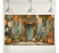 Fondo de puerta de calabaza otoñal, decoración rústica vintage de otoño, escena fotográfica, ideal para celebración de Acción de Gracias, decoraciones de fiesta de temporada, 71 x 43 pulgadas