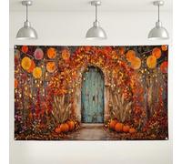 Fondo de puerta de cosecha de otoño, colorido tema de hojas de otoño y calabazas, perfecto para fotografía de Acción de Gracias, decoración de fiesta en interiores y exteriores, 71 x 43 pulgadas