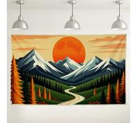 Fondo de puesta de sol de montaña, fondo de fotografía de paisaje natural vintage, decoración escénica naranja y verde para eventos, suministros de fiesta de otoño al aire libre e interior, 71 x 43