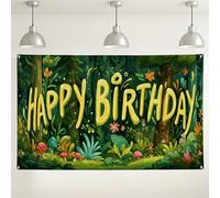 Fondo de selva de feliz cumpleaños, decoraciones coloridas de fiesta del bosque, fondo verde de naturaleza para eventos de fotografía, suministros de celebración de cumpleaños de verano, 71 x 43