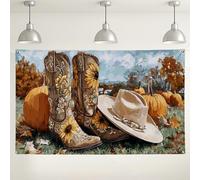 Fondo floral de botas vaqueras occidentales, fondo de fotografía con patrón de girasol rústico, decoración de cosecha de otoño, suministros de celebración de temporada de otoño, 71 x 43 pulgadas