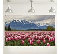 Fondo floral de tulipanes de montaña, fondo de fotografía de paisaje de primavera, hermosa decoración al aire libre para fiestas y eventos, perfecto para celebraciones de Pascua y primavera, 71 x 43