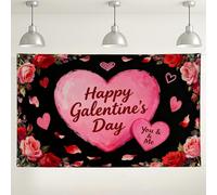 Fondo floral Happy Galentine'S Day, romántico patrón de corazón melocotón y negro, decoración de fiesta, fondo de fotos para interiores y exteriores para celebración de San Valentín, 71 x 43 pulgadas