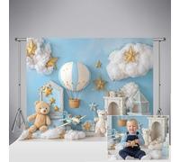 Fondo fotográfico de cumpleaños Kate Blue de 8x8ft/2.5x2.5m con Forma de Globo aerostático para Fiestas Banner para Fotos de Primer cumpleaños bebés niños y viajeros Fondos fotográficos para Retratos