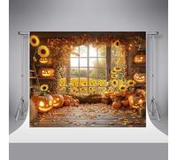 Fondo fotográfico de Halloween de otoño de Kate 6.5x6.5ft/2x2m Calabaza Malvada caída para Fotos Girasol pajar Retratos para Adultos Accesorios para sesión fotográfica